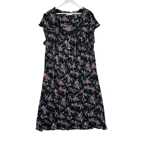 Eileen West Other - Eileen West Black Floral Nightgown Daydress 2X Short Sleeve‎ Lace Trim Cotton